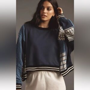 Anthropologie Pilcro Mixed Media Pullover Sweatshirt Knit Mix BlueIvory Pattern